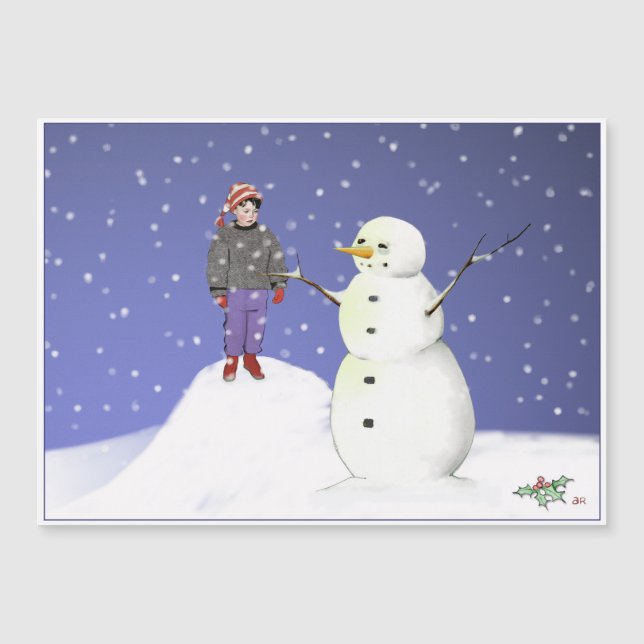 Junge und Snowman-Urlaubskarte Magnetkarte (Vorderseite)