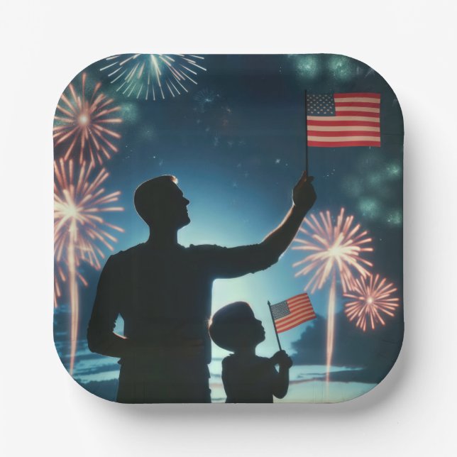 Junge und Vater mit amerikanischen Flaggen und Feu Pappteller (Vorderseite)