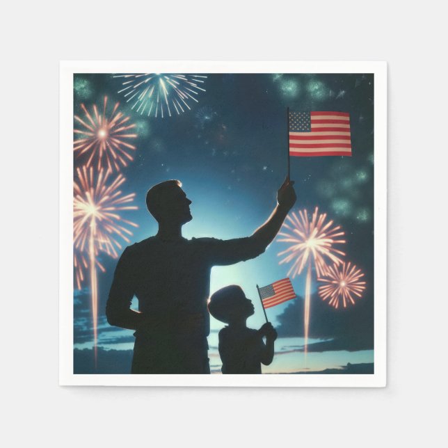 Junge und Vater mit amerikanischen Flaggen und Feu Serviette (Vorderseite)
