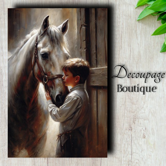 Junge und Weiße Pferde Dekoupage Seidenpapier (Boy And White Horse Decoupage Tissue Paper)