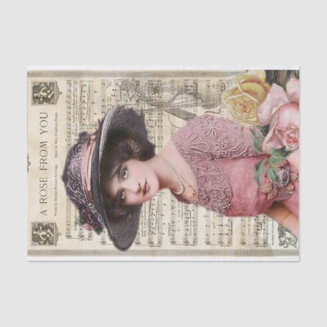 Junge viktorianische Dame mit rosa Blumenkleid Ros Seidenpapier (Vorderseite)