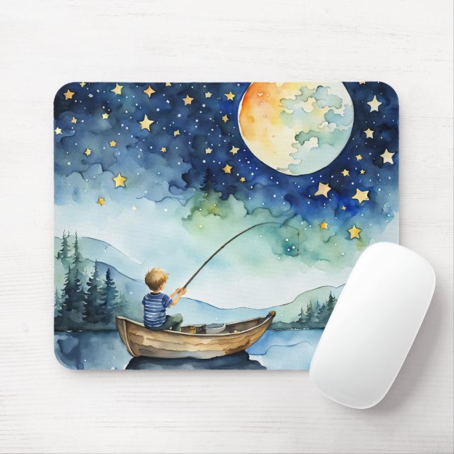 Junge Wasserfarbe Fischen unter dem Mond Mousepad (Mit Mouse)