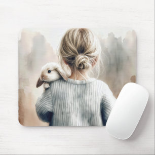 Junge Wasserfarbene Mädchen mit Kaninchen Mousepad