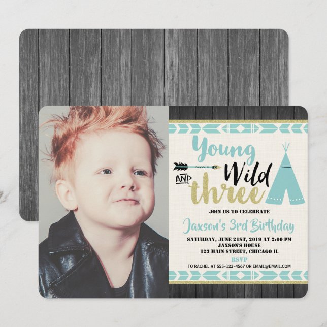 Junge Wilddrei aquamarine Goldjungen-Foto Einladung (Vorne/Hinten)