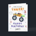 Junge Wildtiere und drei 3. Geburtstagskinder-Mons Karte<br><div class="desc">Die Young Wild And Three 3 Birthday Kids Monster Car Trucks Birthday Card Grußkarte enthält eine niedliche und farbenfrohe Monster Car Trucks mit dem Text "Young, wild and three" in der modernen Typografie-Schrift, die mit der Zahl 3 und Doodles akzentriert ist. Unter "Happy Birthday" personalisieren Sie mit Ihrem Namen und...</div>