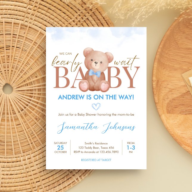 Junge, wir können frühes Abwarten Kinderdusche Einladung (Blue We Can Bearly Wait Bear Baby Shower Invitation)
