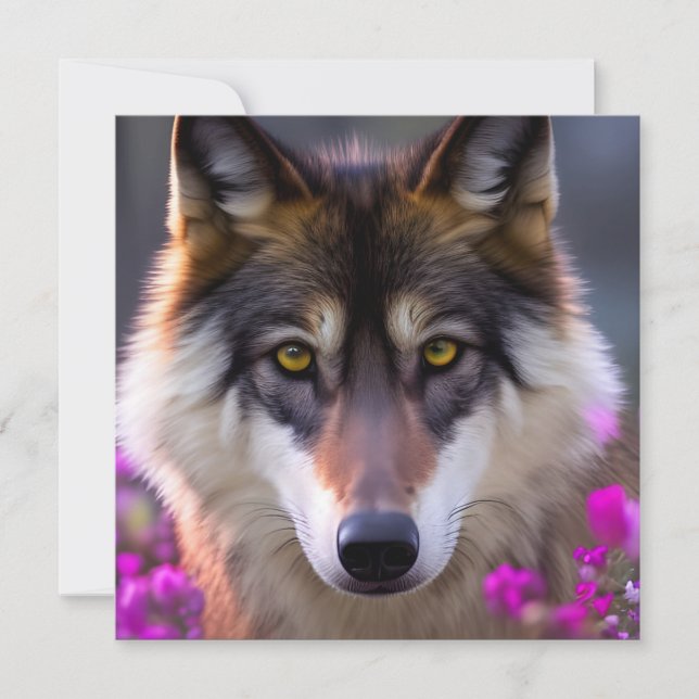 Junge Wolfe in fuchsienrosa Blume Karte (Vorderseite)
