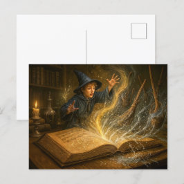 Junge Zauberer mit Illustration der Buchfantasie Feiertagspostkarte
