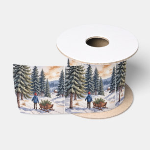 Junge zieht einen Schlitten mit Weihnachts-Tannen- Satinband