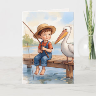 Junge zum Geburtstag auf einem Dock mit Pelikan Karte