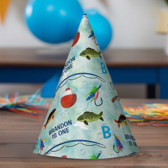 Jungen 1. Geburtstag Fischfang Thema Partyhütchen (Fishing themed, boy 1st birthday party cone hat.)