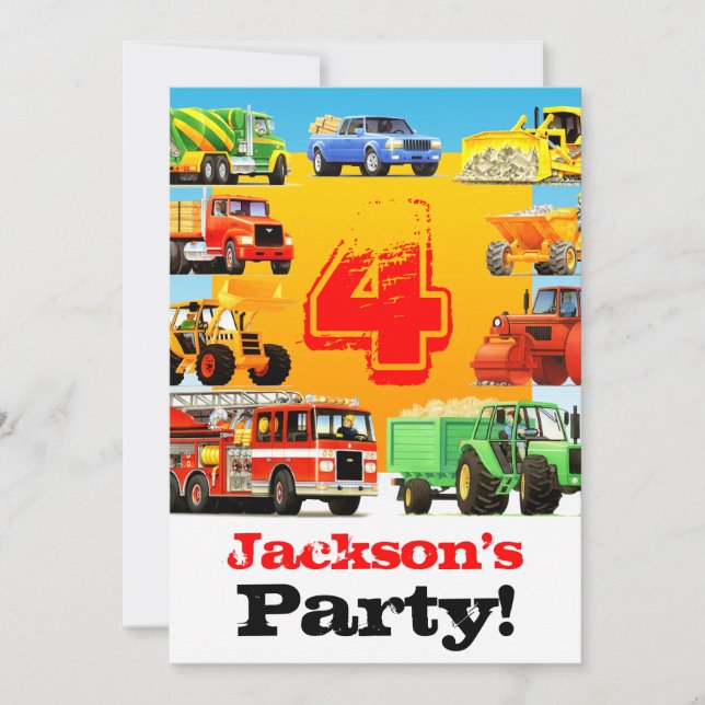Jungen 4. Geburtstag Bauwagen Party Einladung (Vorderseite)