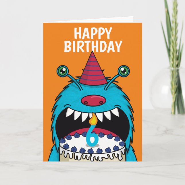 Jungen 6. Geburtstag Blue Monster Niedlich Card Karte (Vorderseite)