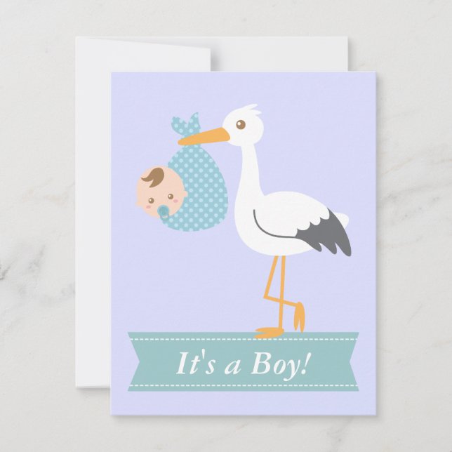 Jungen-Baby-Dusche - Storch liefert niedlichen Einladung (Vorderseite)