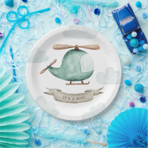 Jungen-Baby-Party. Sanftes Wasserfarben-Reisehubsc Pappteller