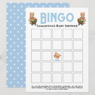 Jungen-Baby-Party-Teddy-Floral-Blau-Bingo-Einladun Einladung