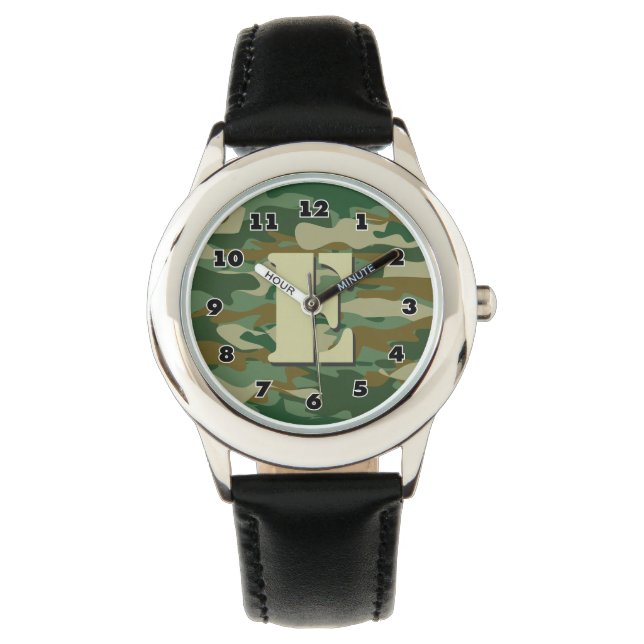 Jungen-Camouflage | personalisierter Buchstabe E M Armbanduhr (Vorderseite)