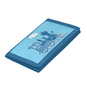 Jungen dämpfen Zug-Motor Ihre blaue Tri-fold Portemonnaie