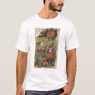 Jungen, die vom Kürbis-Mann auf dem Gebiet laufen T-Shirt