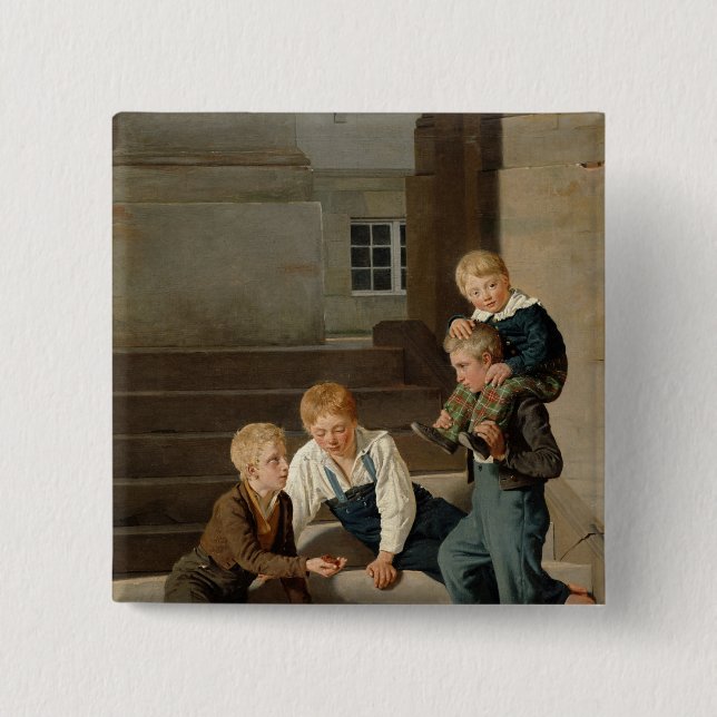 Jungen, die Würfel vor Christiansborg spielen Button (Vorderseite)