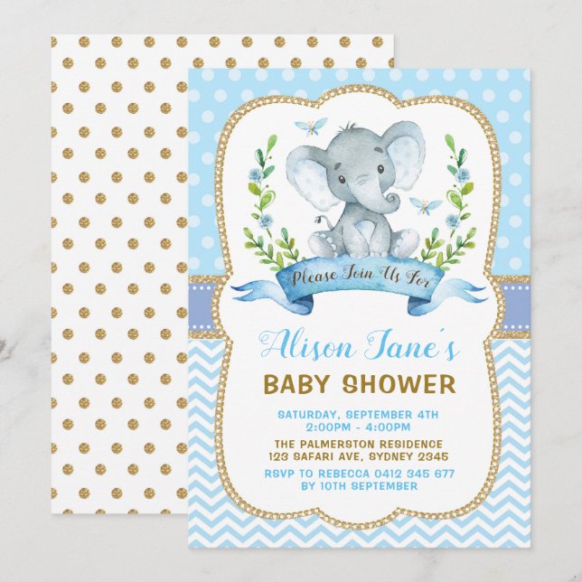 Jungen-Elefant-Babyparty-Blau u. Gold laden ein Einladung (Vorne/Hinten)