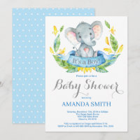 Jungen-Elefant-Babyparty-Einladungs-Blau und Grau