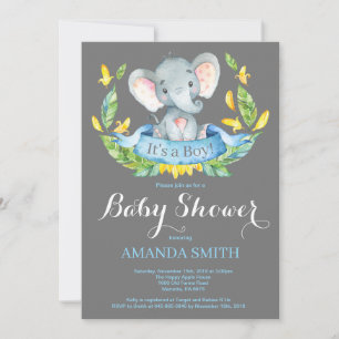 Jungen-Elefant-Babyparty-Einladungs-Blau und Grau Einladung