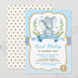 Jungen-Elefant-Geburtstags-Party-Blau u. Gold Einladung