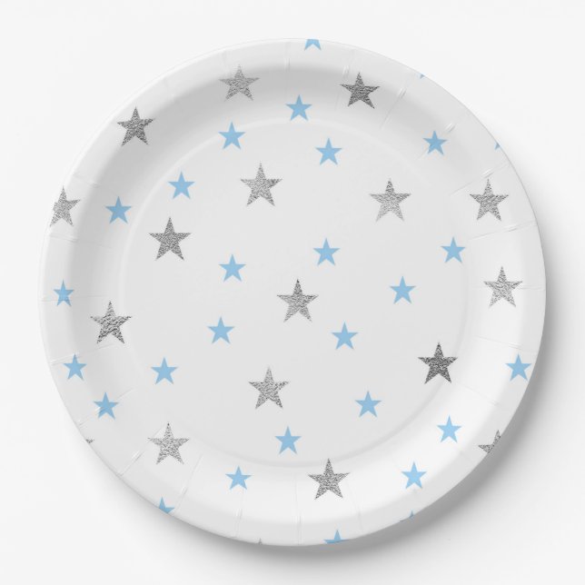 Jungen-Funkeln-Babypartydekor, blaues Silber Pappteller (Vorderseite)