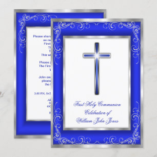 Jungen Heilige Kommunion Silver Royal Blue Cross Einladung
