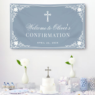 Jungen Konfirmation Dusty Blue Vintage Weiß Schrif Banner