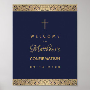 Jungen Konfirmation Navy Blau Gold Rosen Willkomme Poster