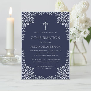 Jungen Konfirmation Navy Blau Silber Blätter Elega Einladung