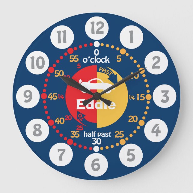 Jungen lernen, die Zeit blau rot mit Namen Autouhr Große Wanduhr (Vorderseite)