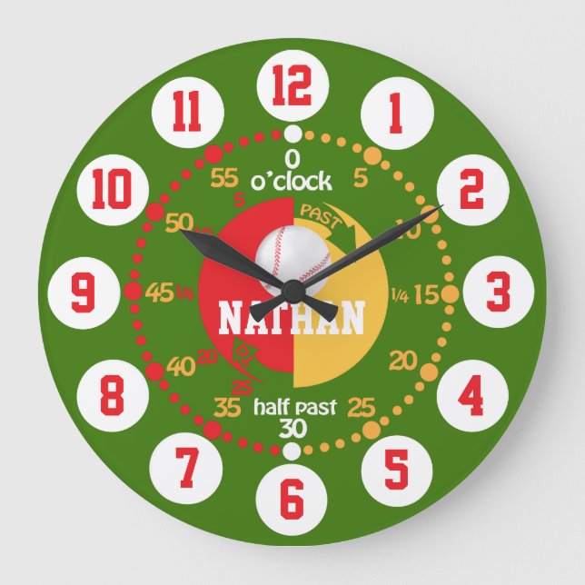 Jungen lernen, die Zeit grün rotes Baseball zu erz Große Wanduhr (Vorderseite)