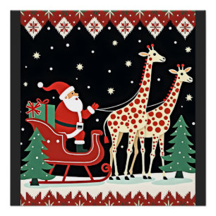 Jungen Mädchen Weihnachtsmann Reitender Giraffe Sc Poster