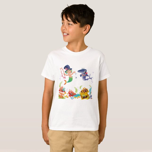 Jungen-Meerjungfrau - Merman-und Haustier-Haifisch T-Shirt (Vorne ganz)