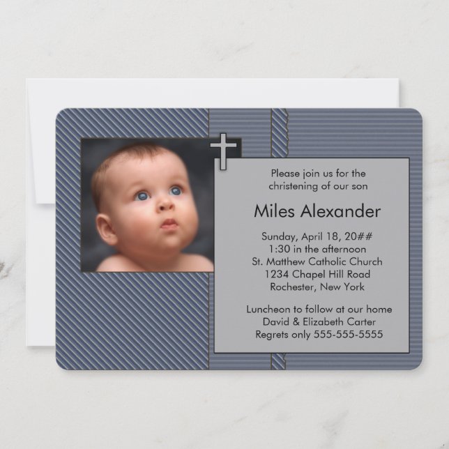 Jungen Navy Blue und Grau Foto Christening Einladung (Vorderseite)