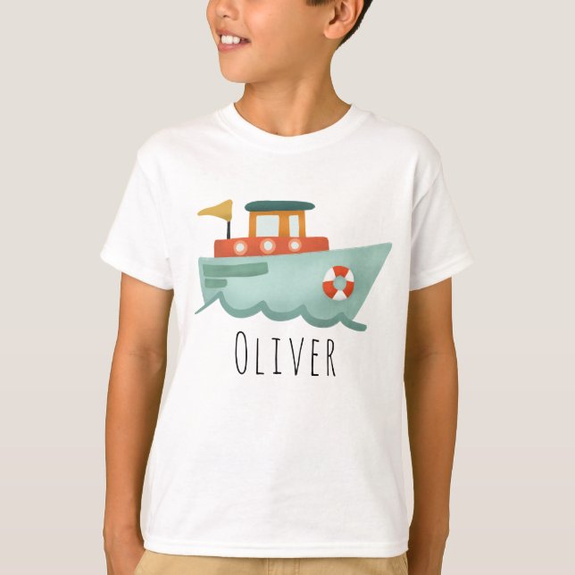 Jungen Niedlich Blue Nautical Boat Kinder T-Shirt (Vorderseite)