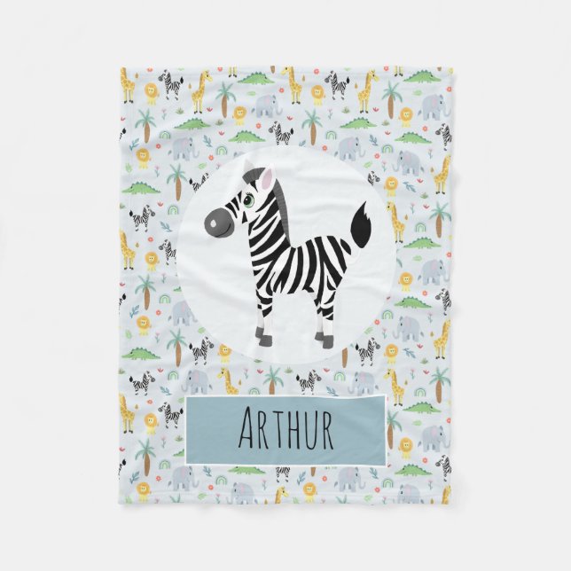 Jungen Niedlich Blue Zebra & Safari Muster Name Ki Fleecedecke (Vorderseite)