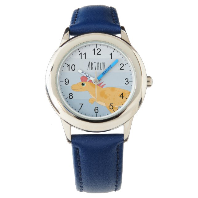 Jungen Niedlich Dinosaurier & Name Blue Kids Armbanduhr (Vorderseite)