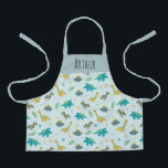 Jungen Niedlich Moderne Blaue Dinosaurier Muster Schürze<br><div class="desc">Diese niedliche und moderne Schürze mit Dinosaurier-Cartoon-Mustern,  mit einem T-Rex,  Stegosaurus und Jurassischen Dschungelwüsten-Pflanze,  und kann mit Ihrem Jungs-Namen personalisiert werden. Das perfekte Dinosauriergeschenk für Kleinkinder oder Kinder!</div>