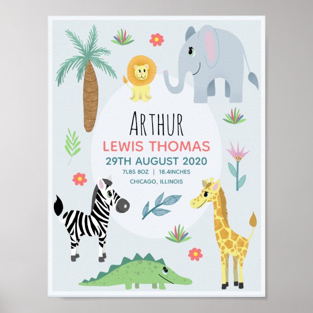 Jungen Niedlich Safari Tiere Geburtsstats Baby Kin Poster (Vorne)