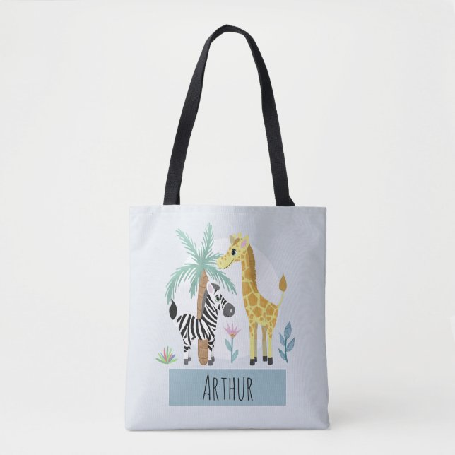 Jungen Niedlich Safari Tiere Giraffe und Name Kind Tasche (Vorderseite)