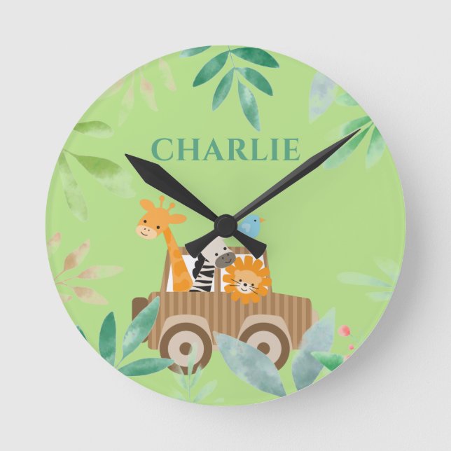 Jungen Niedlich Safari Wilde Tiere Kinderzimmer Ki Runde Wanduhr (Vorderseite)