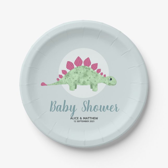 Jungen Niedlich Whimsical Blue Dinosaur Baby Dusch Pappteller (Vorderseite)
