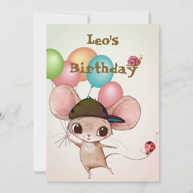 Jungen Niedliche Age Mouse Ladybug Balloons Geburt Einladung (Rückseite)