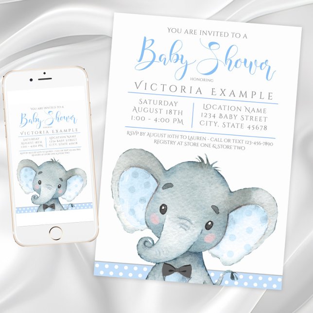 Jungen Niedliche Elephant Baby Shower Einladungen (Cute boy elephant baby shower invitation. Instant download and printed invitations available.)