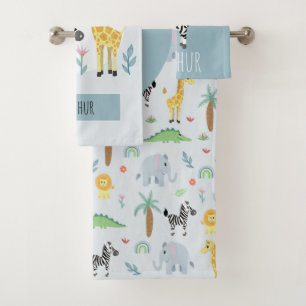 Jungen Niedliche Jungle Safari Tiere Zebra & Name  Badhandtuch Set