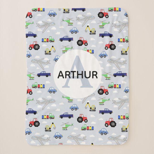 Jungen Niedliche Transportmuster Auto Monogramm Na Sherpadecke (Vorderseite)
